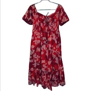 NWT Torrid Midi Dress Red Floral 00 Lace Up Smocked Dress 10 Women’s M / L NEW
